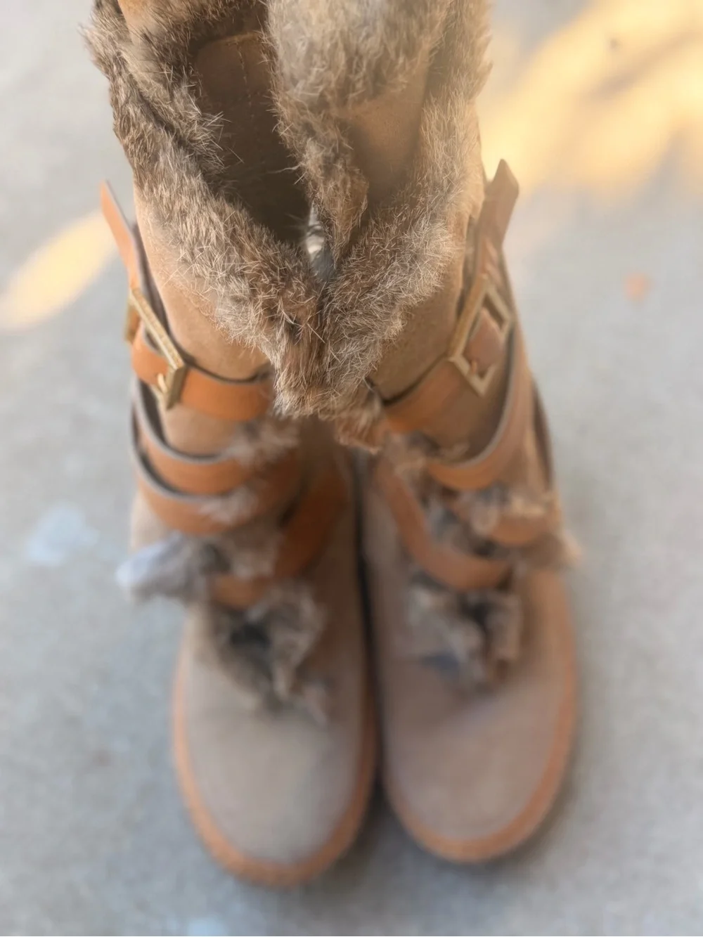 Tory Burch Taupe Faux-Fur Suede Winter Boots with Tan Leather Straps
